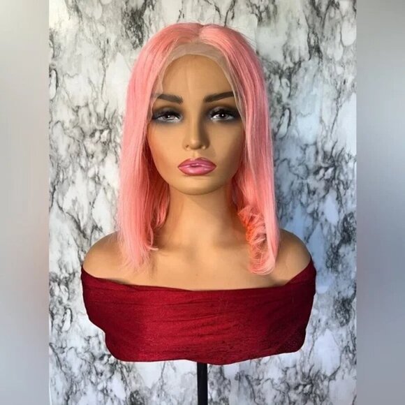 100% HUMAN HAIR - Pink Short bob wig 13x4 lace front wig - Picture 2 of 10